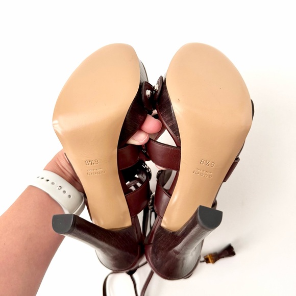 GUCCI || Brown Leather Bamboo Tassel Silver Ring Horsebit Platform Heels 6.5 - Picture 12 of 13